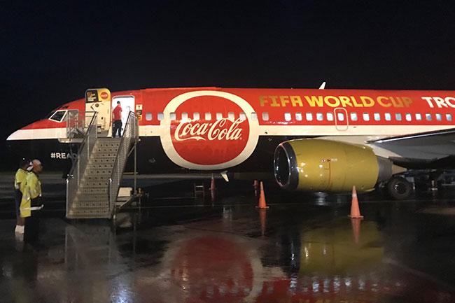 FIFA World Cup Trophy in Tonga, What countries and cities will the trophy visit? 2 Chartered plane flying the FIFA World Cup Trophy around the world, Fua'amotu International Airport. 30 January 2018. Photo CocaCola