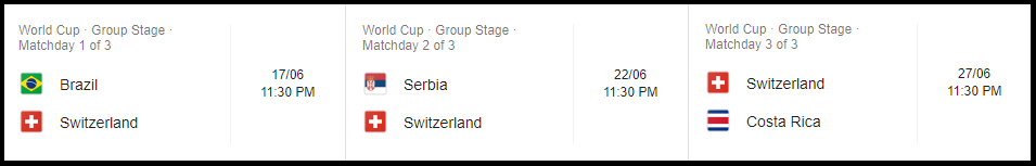 Switzerland group stage match 2018 World Cup Matches