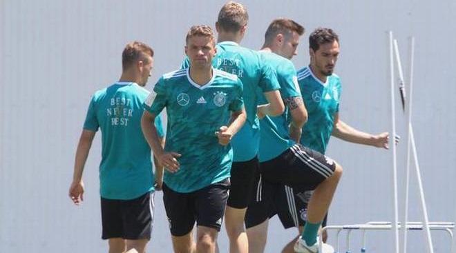 German football players during a training session ahead of the FIFA World Cup 2018