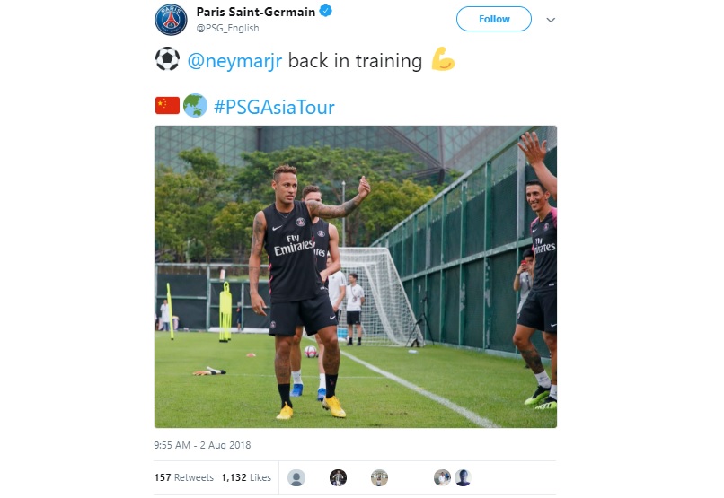 Brazilian star Neymar rejoins PSG on China tour 2 Neymar back in training after china tour