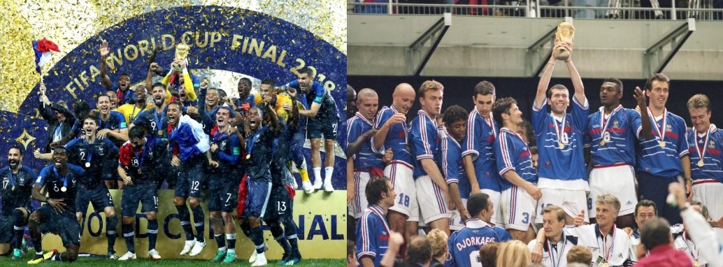 France Football team with the World Cup trophy in 2018 & 1998