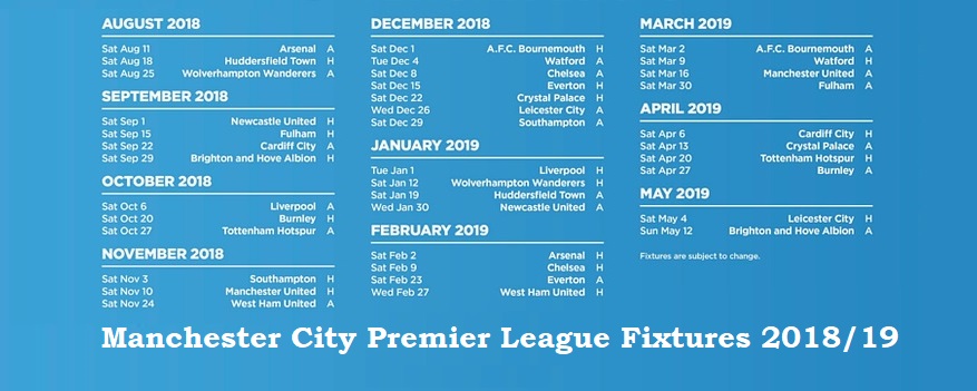 Manchester City Premier League Fixtures 2018-19
