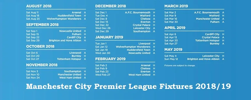 Manchester City Premier League Fixtures 2018-19