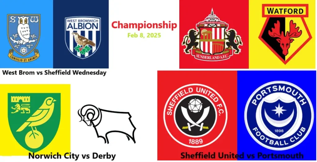 Championship Sunderland vs Watford, West Brom vs Sheffield Wednesday, Norwich City vs Derby County, Sheffield United vs Portsmouth