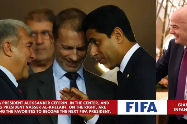 UEFA president Aleksander Ceferin, centre, and Paris Saint-Germain president Nasser al-Khelaifi, right, are among the favourites to be the next FIFA president